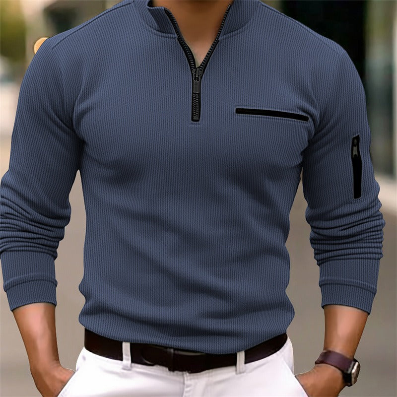 Chemise homme à manches longues avec col haut zippé et coupe ajustée
