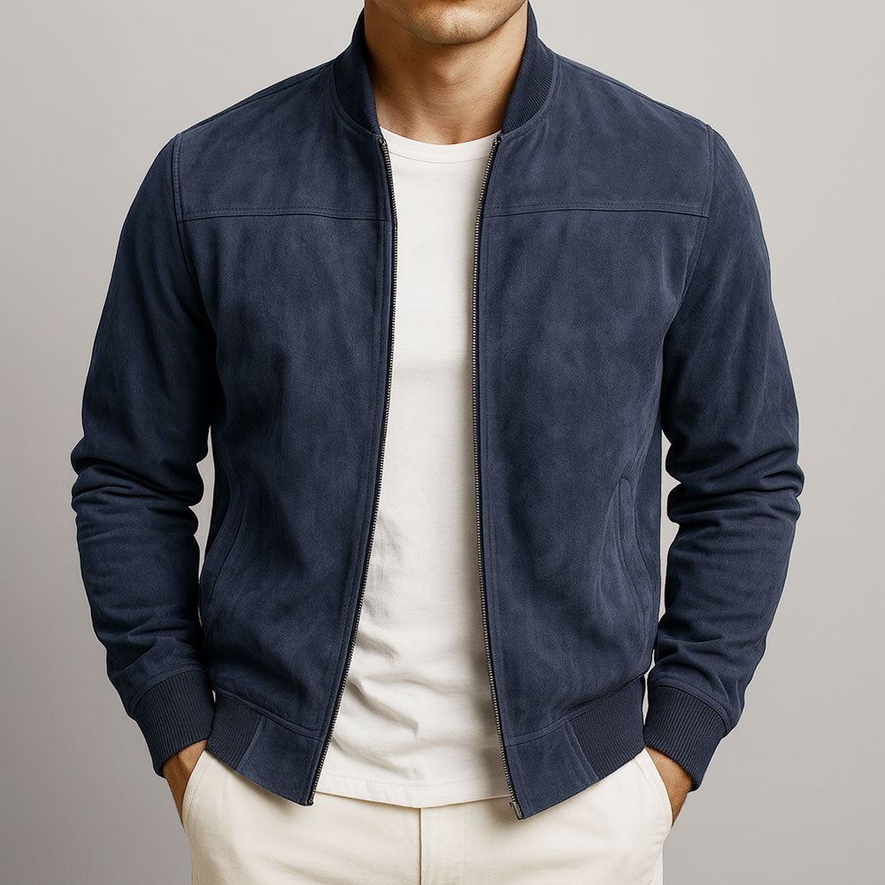 Veste homme en cuir suédé marron à col précis et silhouette épurée