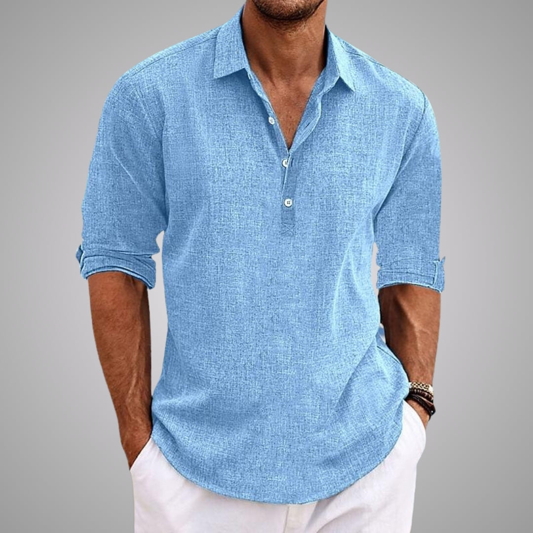 Chemise en lin pour homme à col classique et fermeture à quatre boutons