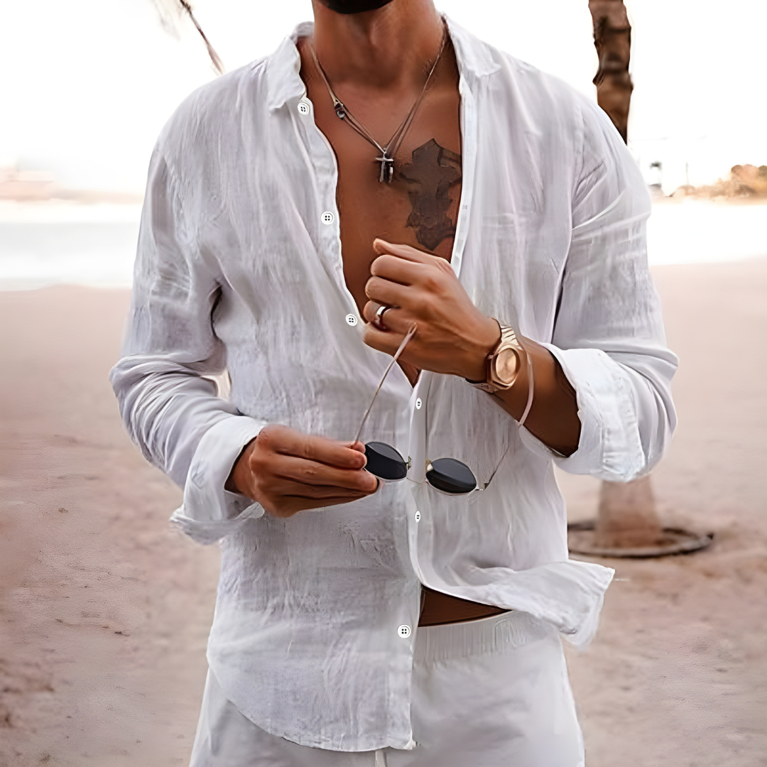 Chemise d'été en coton naturel à coupe fluide pour homme avec manches retroussables