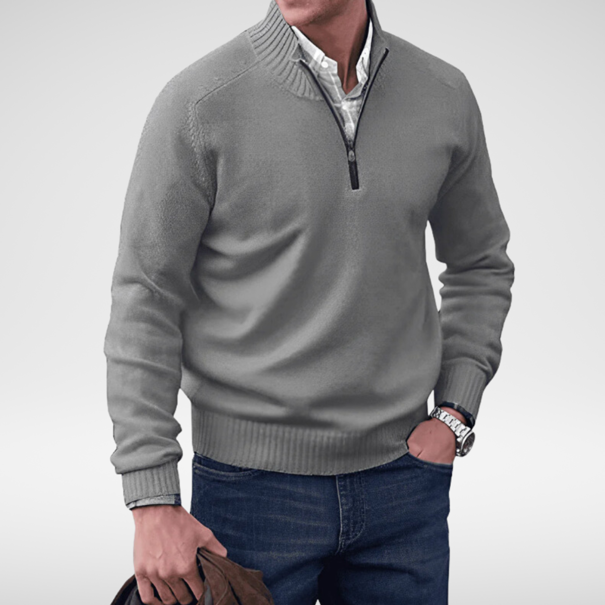Pull homme à col montant et demi-fermeture éclair en coton, coupe ajustée