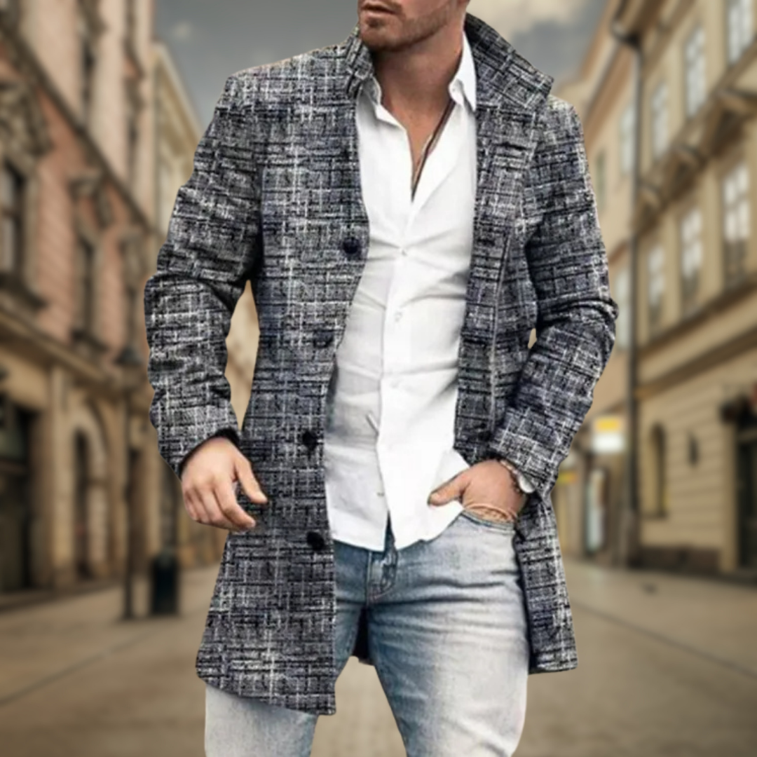 Manteau élégant gris à carreaux pour homme, coupe raffinée et lignes épurées