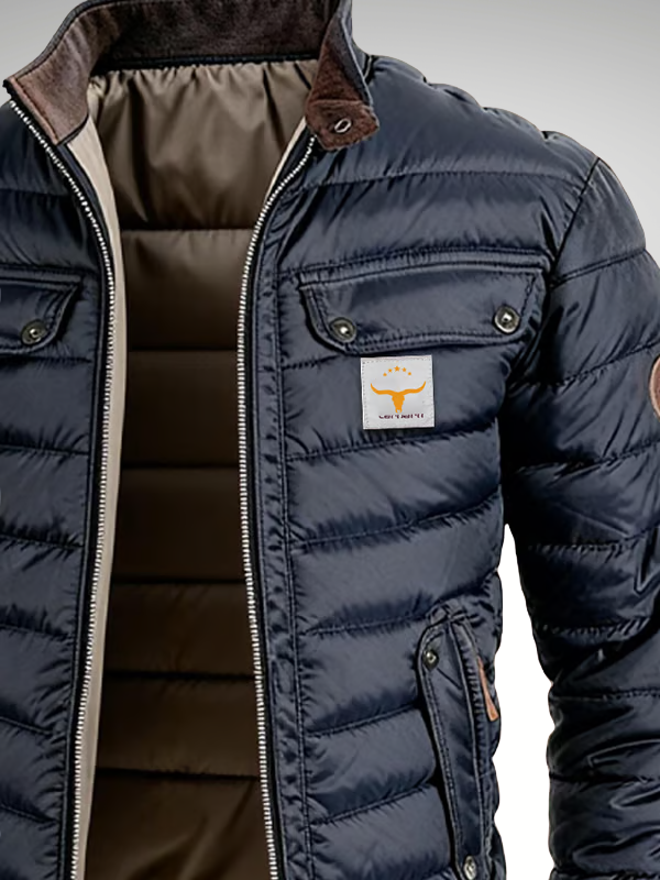 Veste urbaine pour homme bleu marine avec col montant et poches poitrine boutonnées