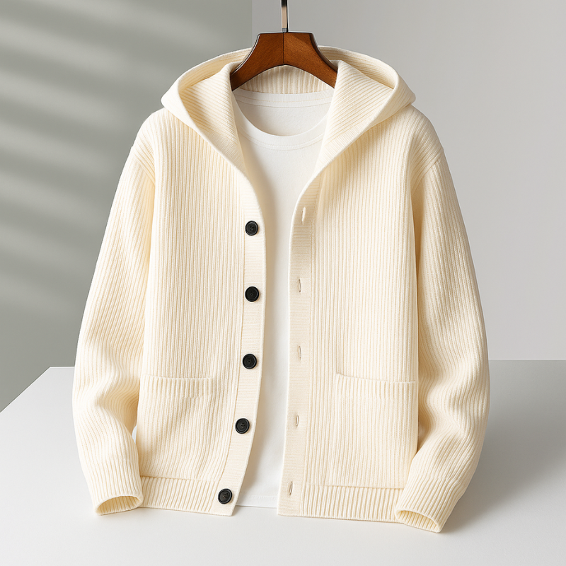 Cardigan à capuche en laine pour homme avec ourlet et poignets côtelés
