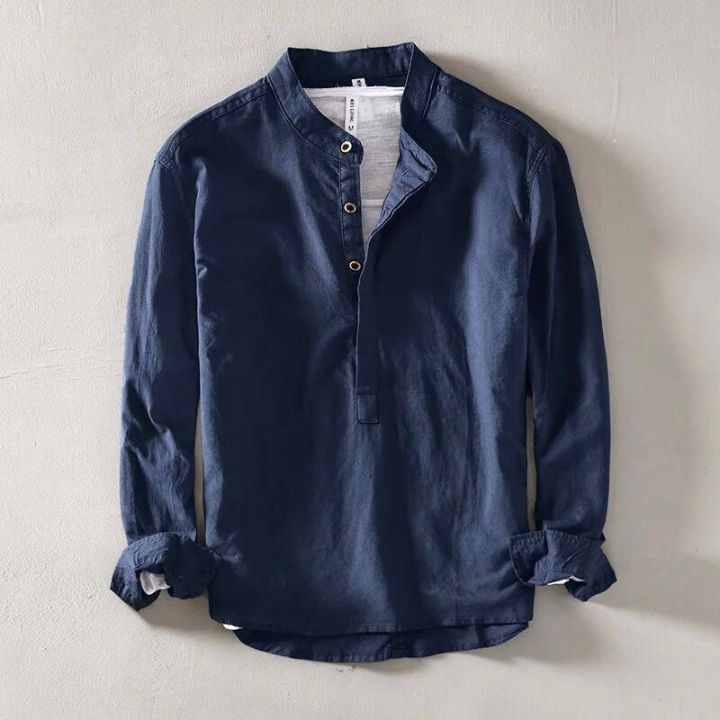 Chemise en lin lavé pour homme à encolure ouverte et patte à quatre boutons