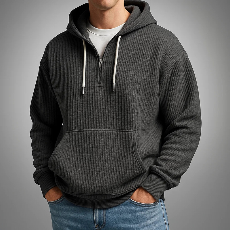 Sweat à capuche pour homme en maille waffle avec fermeture demi-zip et ourlet côtelé