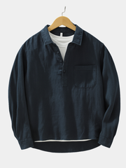 Chemise popover en coton-lin pour homme à finition lavée, col ouvert et ourlet incurvé