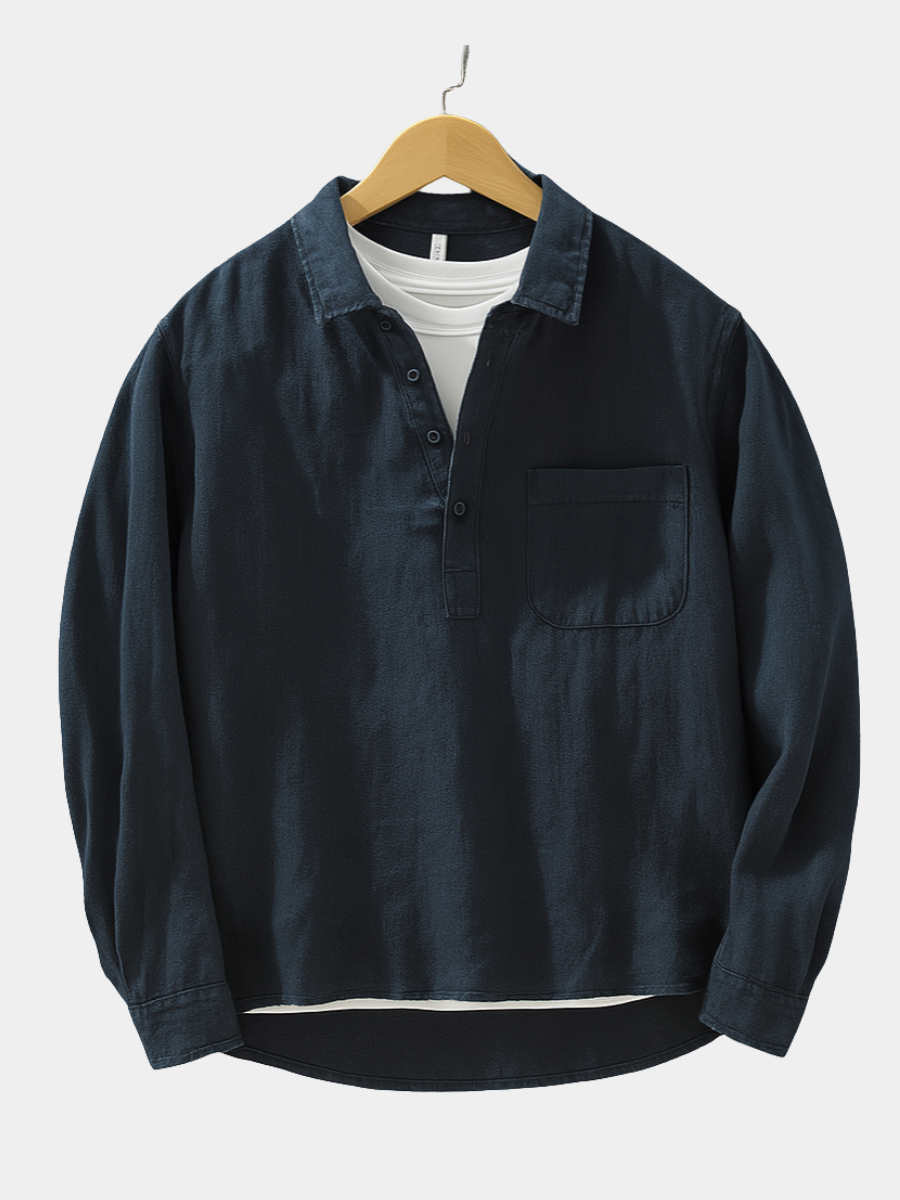 Chemise popover en coton-lin pour homme à finition lavée, col ouvert et ourlet incurvé