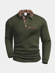 Polo à carreaux à manches longues pour homme avec col boutonné, coupe classique