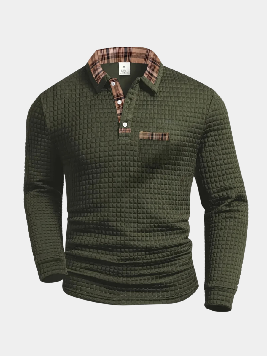 Polo à carreaux à manches longues pour homme avec col boutonné, coupe classique