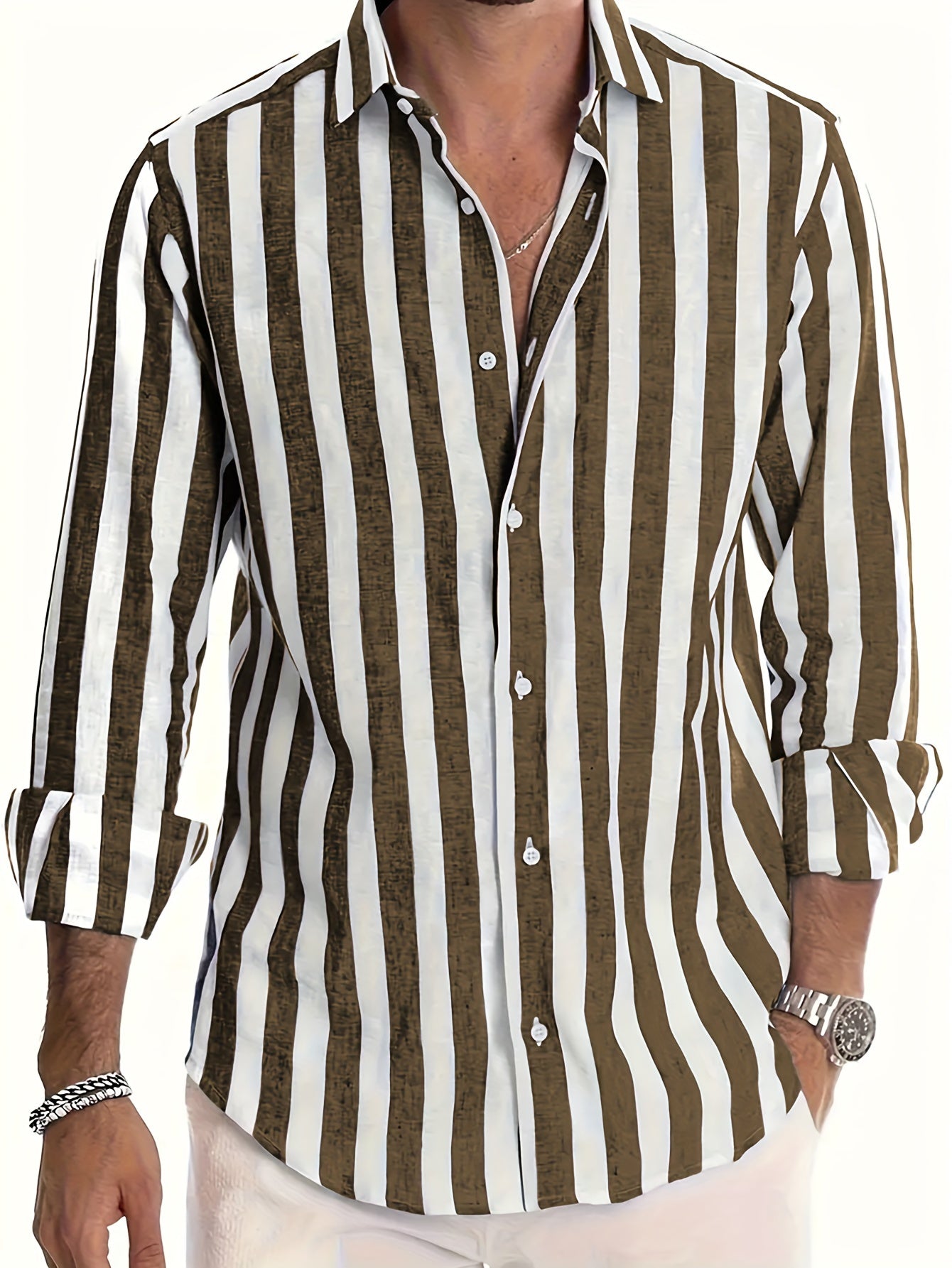 Chemise à rayures pour homme en mélange de lin et coton avec col à revers structuré
