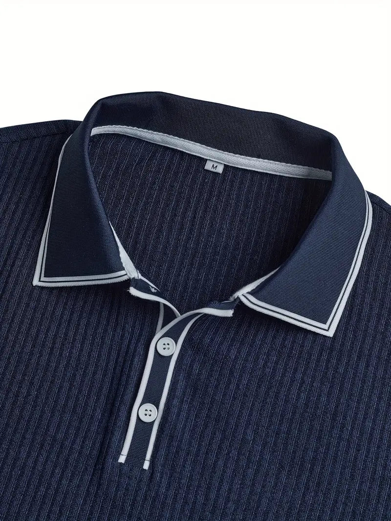 Polo côtelé pour homme à col contrasté blanc et fermeture à trois boutons