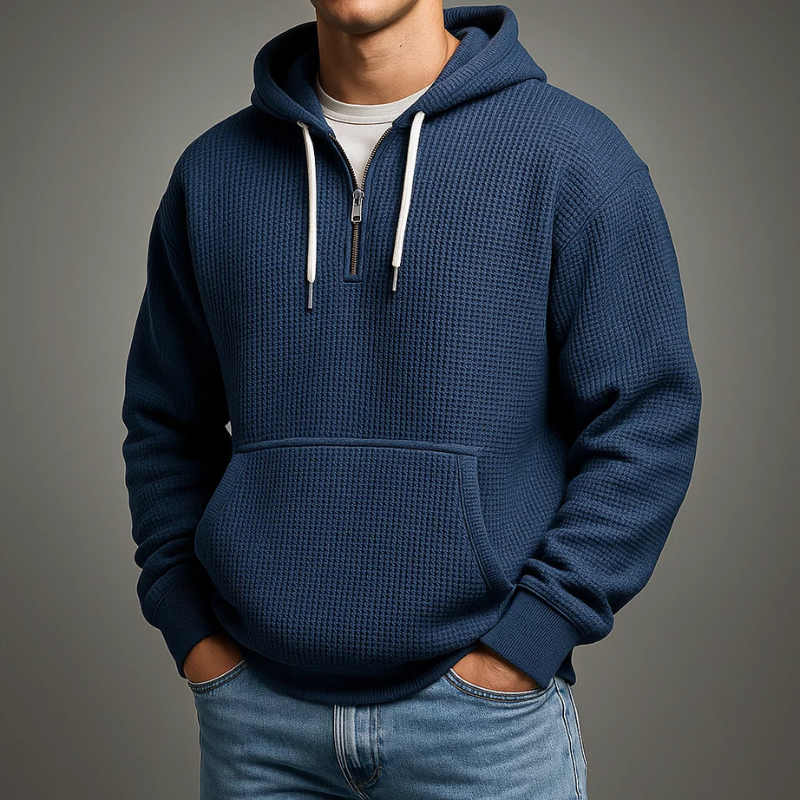 Sweat à capuche pour homme en maille waffle avec fermeture demi-zip et ourlet côtelé