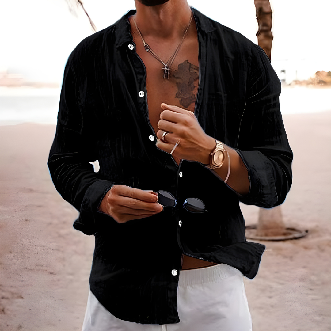 Chemise d'été en coton naturel à coupe fluide pour homme avec manches retroussables