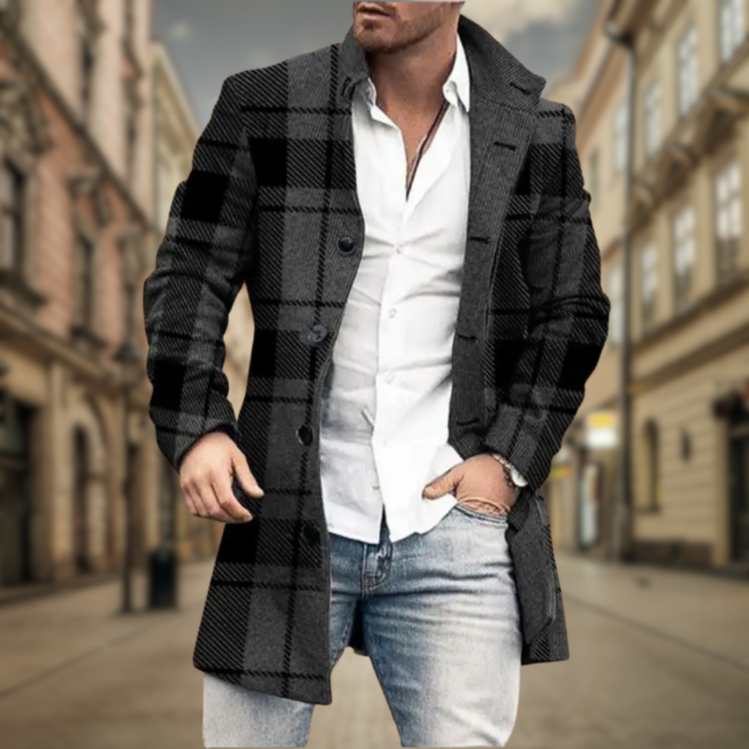 Manteau élégant gris à carreaux pour homme, coupe raffinée et lignes épurées