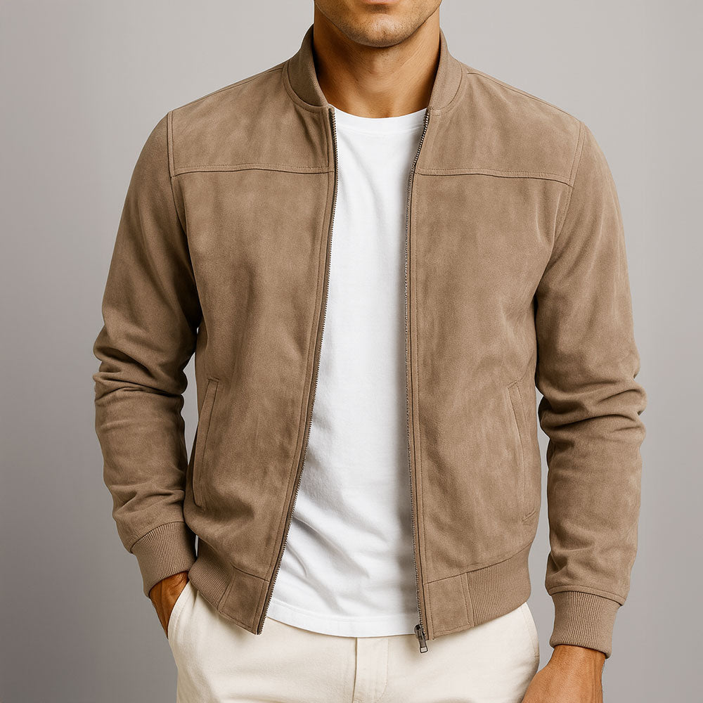 Veste homme en cuir suédé marron à col précis et silhouette épurée