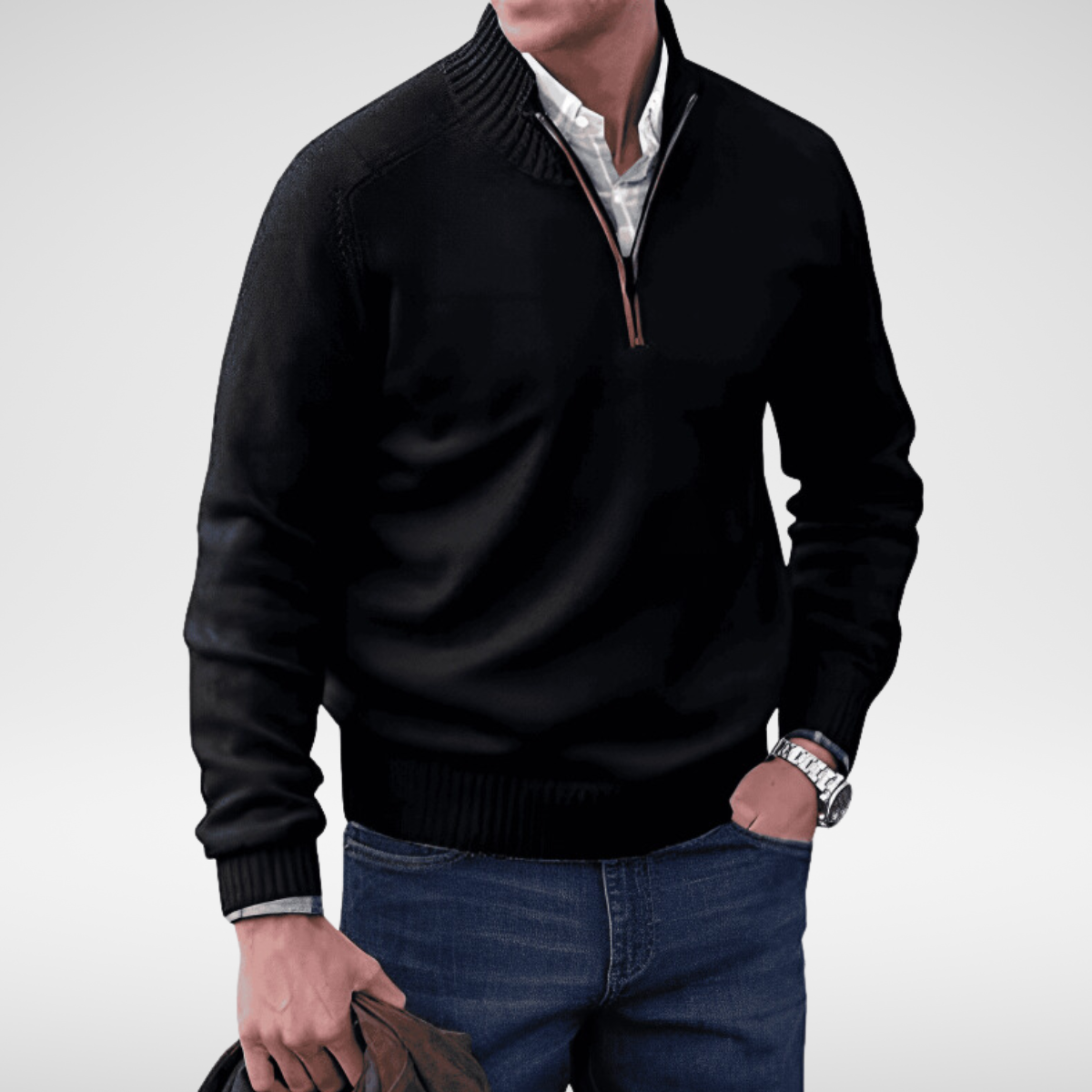 Pull homme à col montant et demi-fermeture éclair en coton, coupe ajustée