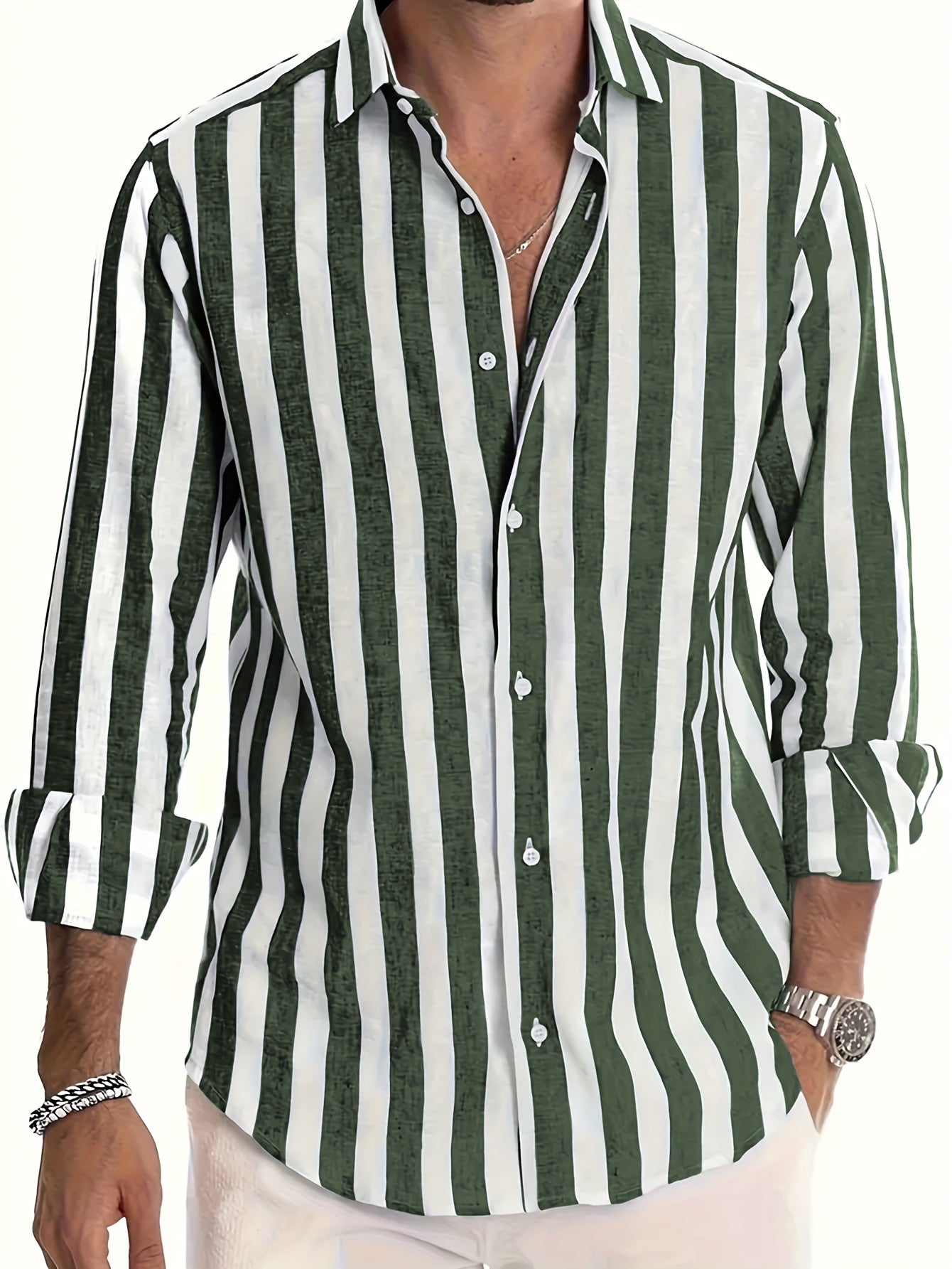 Chemise à rayures pour homme en mélange de lin et coton avec col à revers structuré