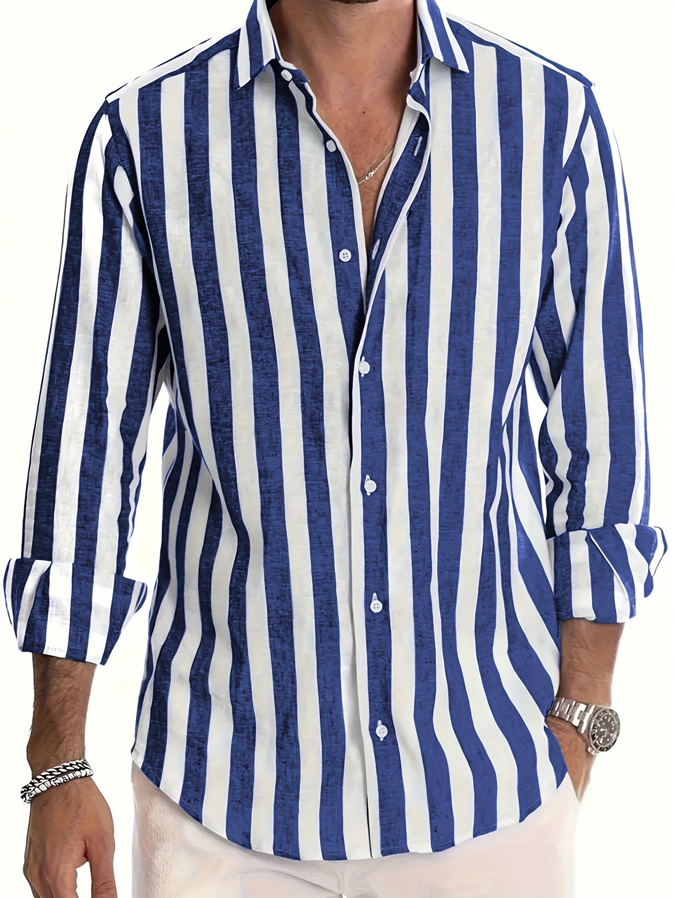 Chemise à rayures pour homme en mélange de lin et coton avec col à revers structuré