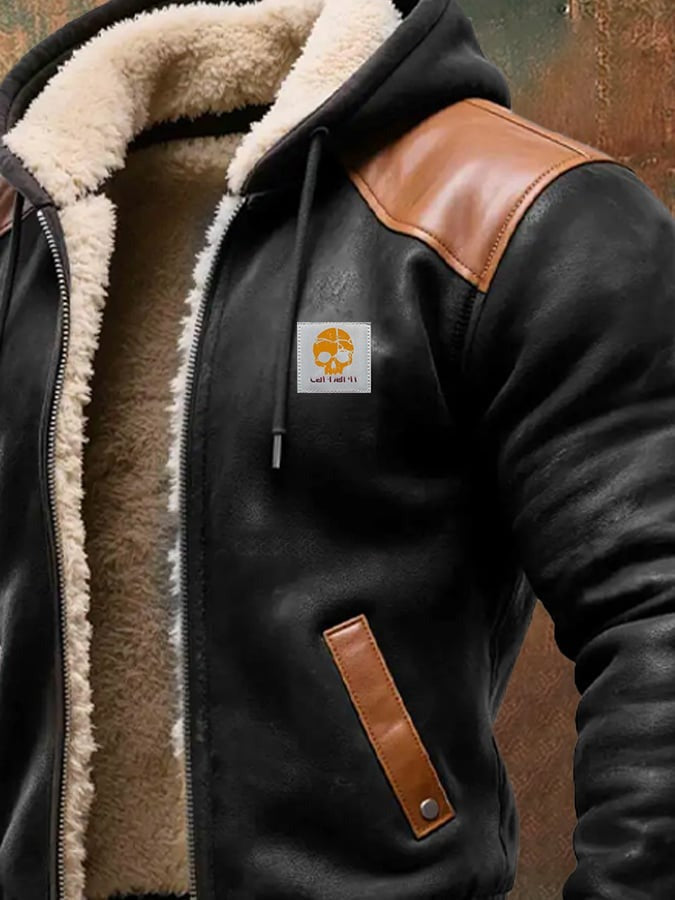 Veste vintage pour homme en daim et cuir avec capuche, coloris marron