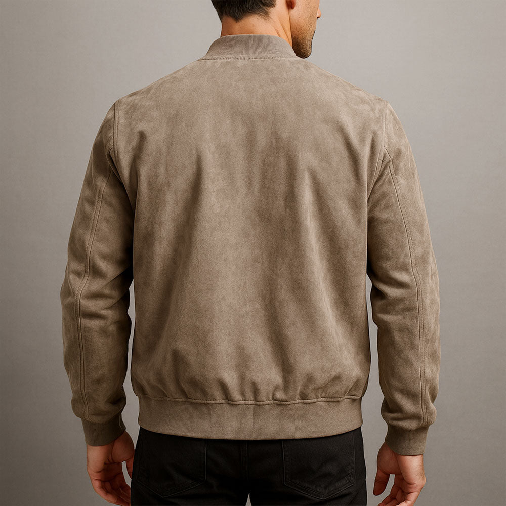 Veste homme en cuir suédé marron à col précis et silhouette épurée