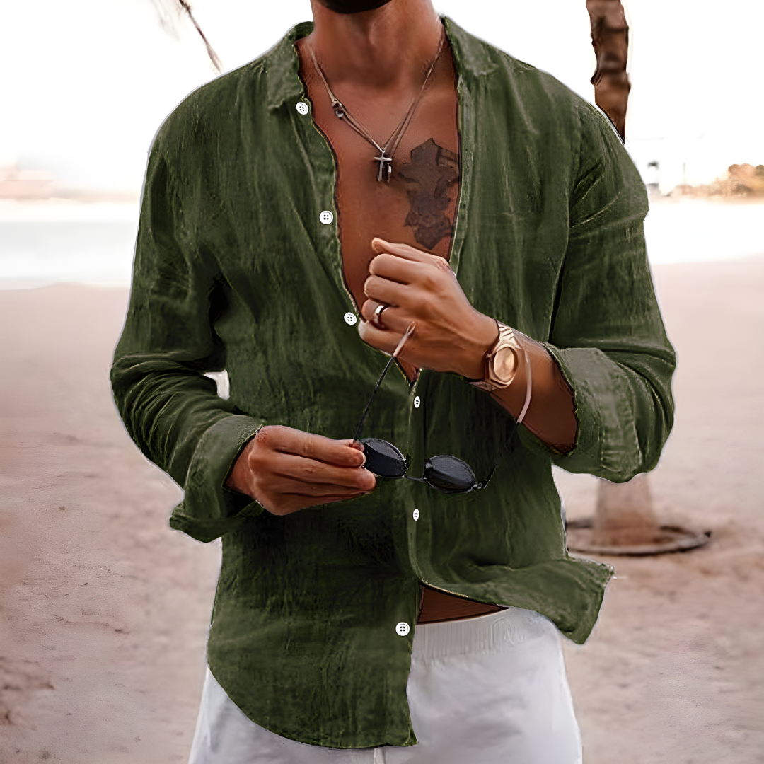 Chemise d'été en coton naturel à coupe fluide pour homme avec manches retroussables