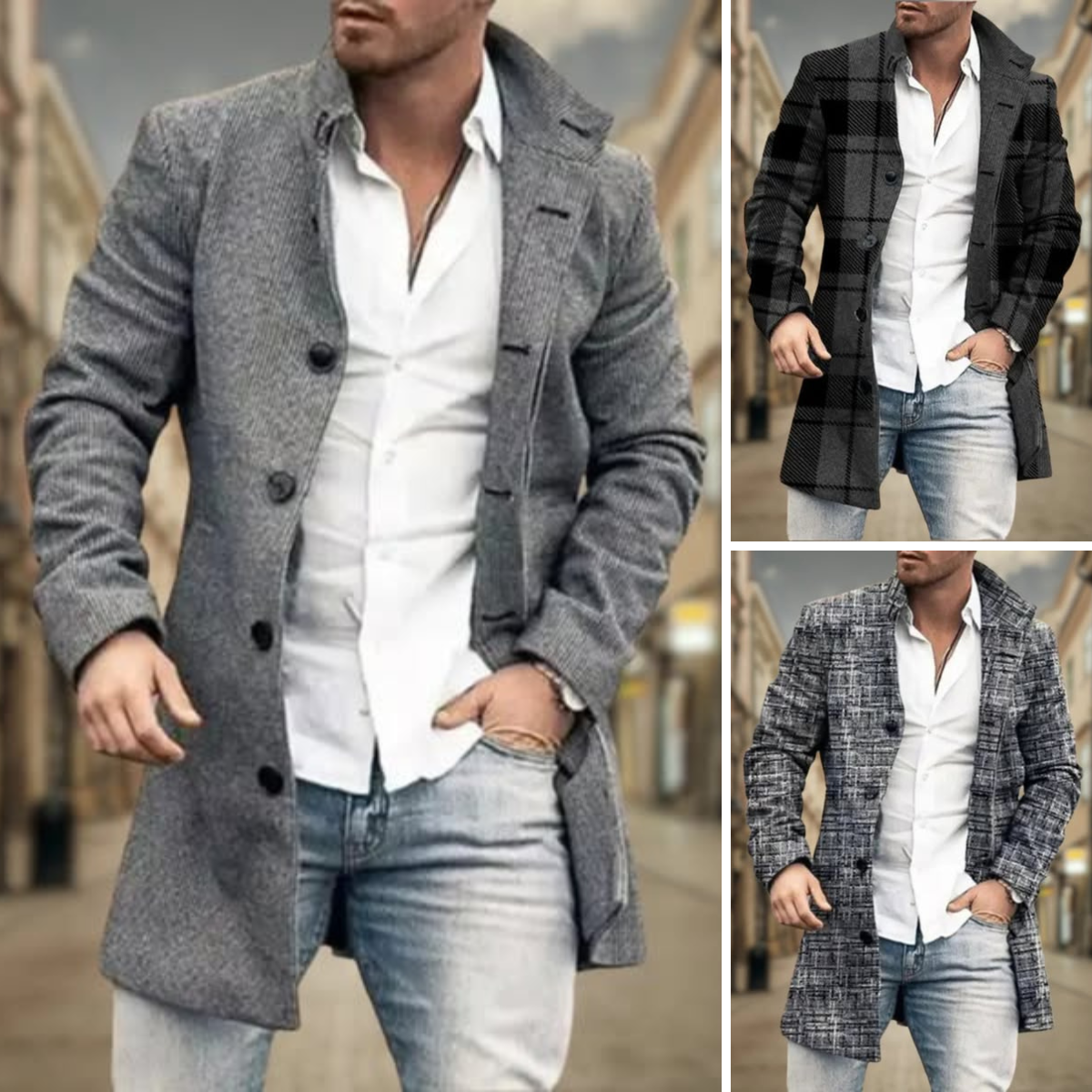 Manteau élégant gris à carreaux pour homme, coupe raffinée et lignes épurées