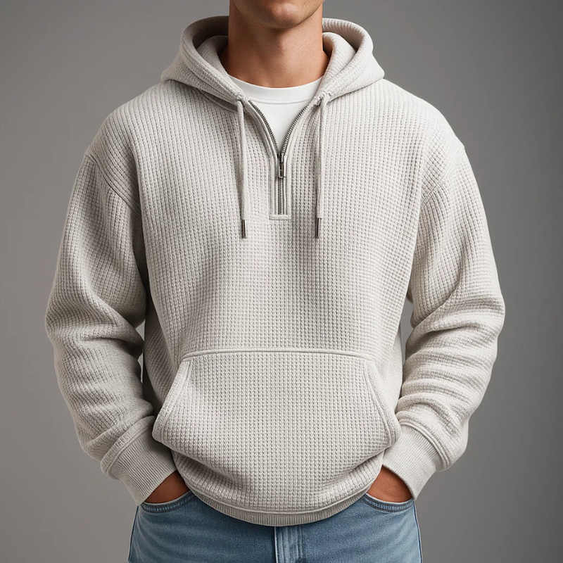 Sweat à capuche pour homme en maille waffle avec fermeture demi-zip et ourlet côtelé