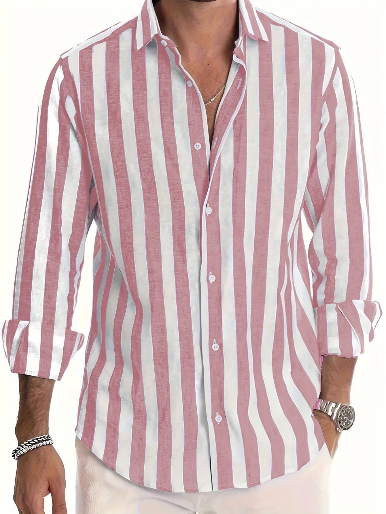 Chemise à rayures pour homme en mélange de lin et coton avec col à revers structuré