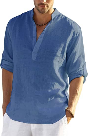 Chemise en coton et chanvre pour homme avec col montant boutonné et manches longues