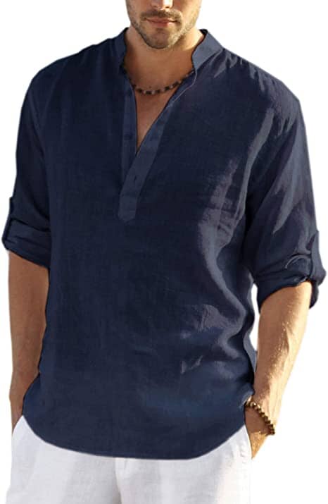 Chemise en coton et chanvre pour homme avec col montant boutonné et manches longues