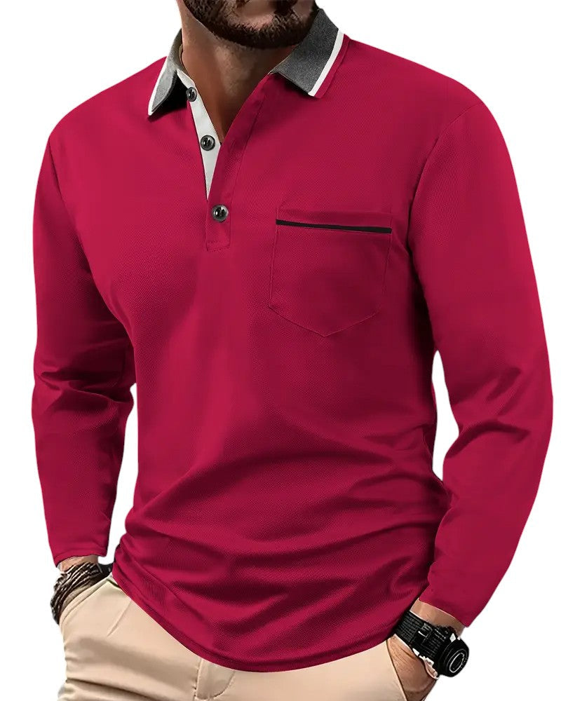 Polo à manches longues en coton mélangé pour homme, col structuré et coutures contrastées