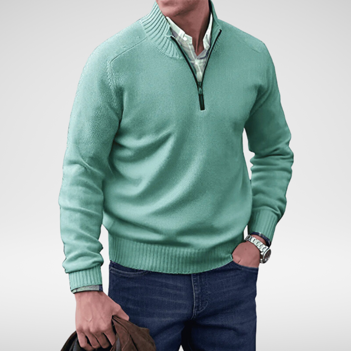 Pull homme à col montant et demi-fermeture éclair en coton, coupe ajustée
