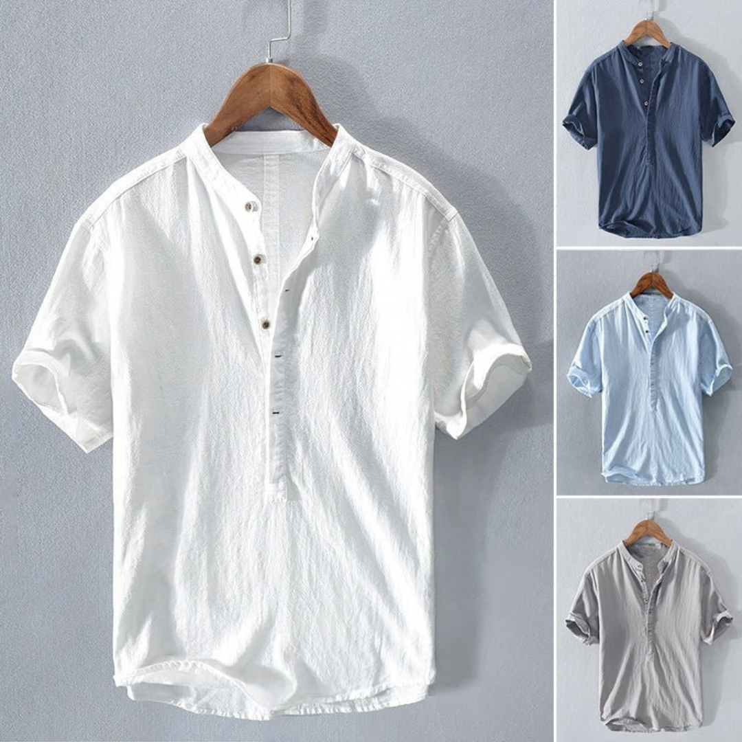 Chemise en lin à col mandarin pour homme, coupe décontractée