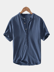 Chemise en lin à col mandarin pour homme, coupe décontractée
