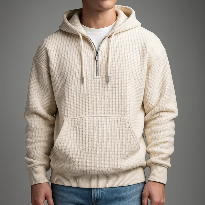 Sweat à capuche pour homme en maille waffle avec fermeture demi-zip et ourlet côtelé