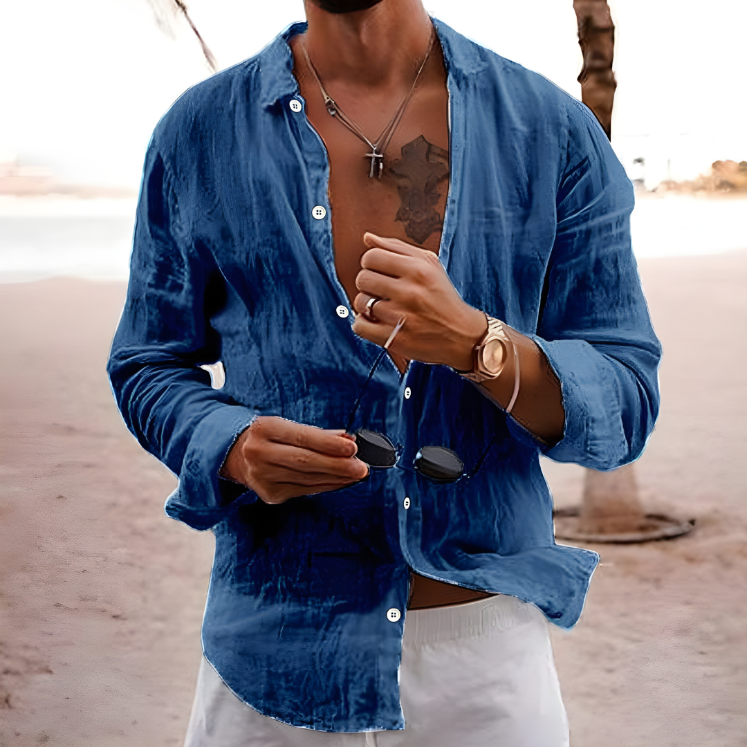 Chemise d'été en coton naturel à coupe fluide pour homme avec manches retroussables