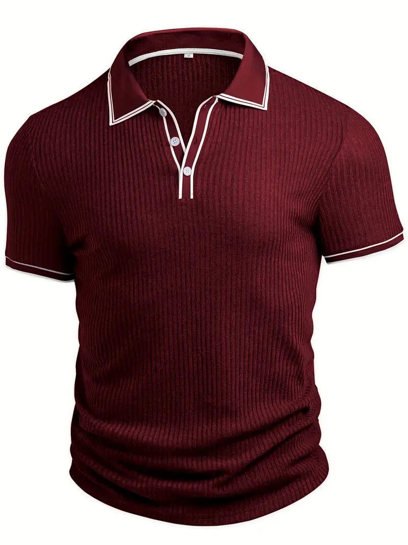 Polo côtelé pour homme à col contrasté blanc et fermeture à trois boutons