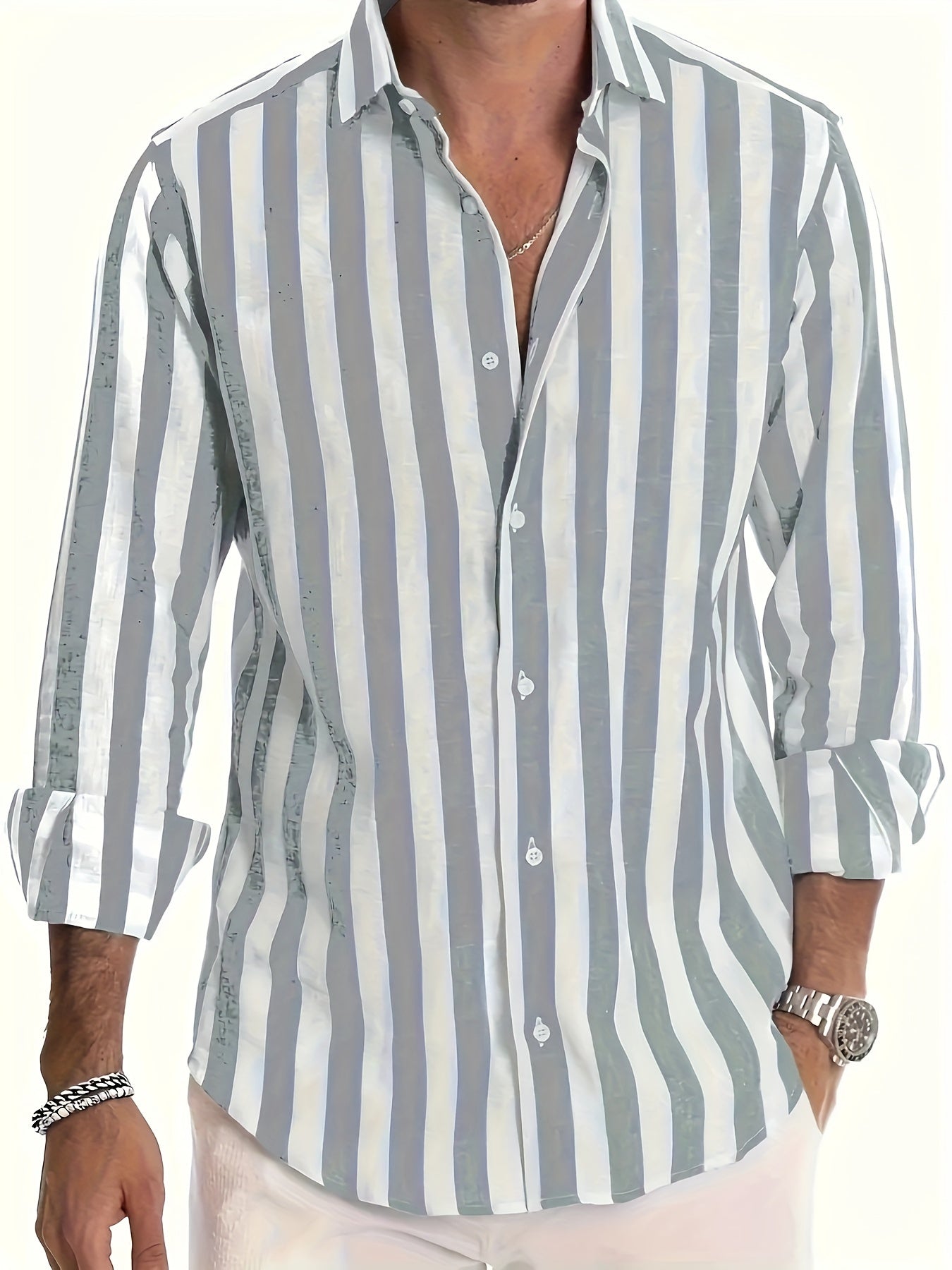 Chemise à rayures pour homme en mélange de lin et coton avec col à revers structuré