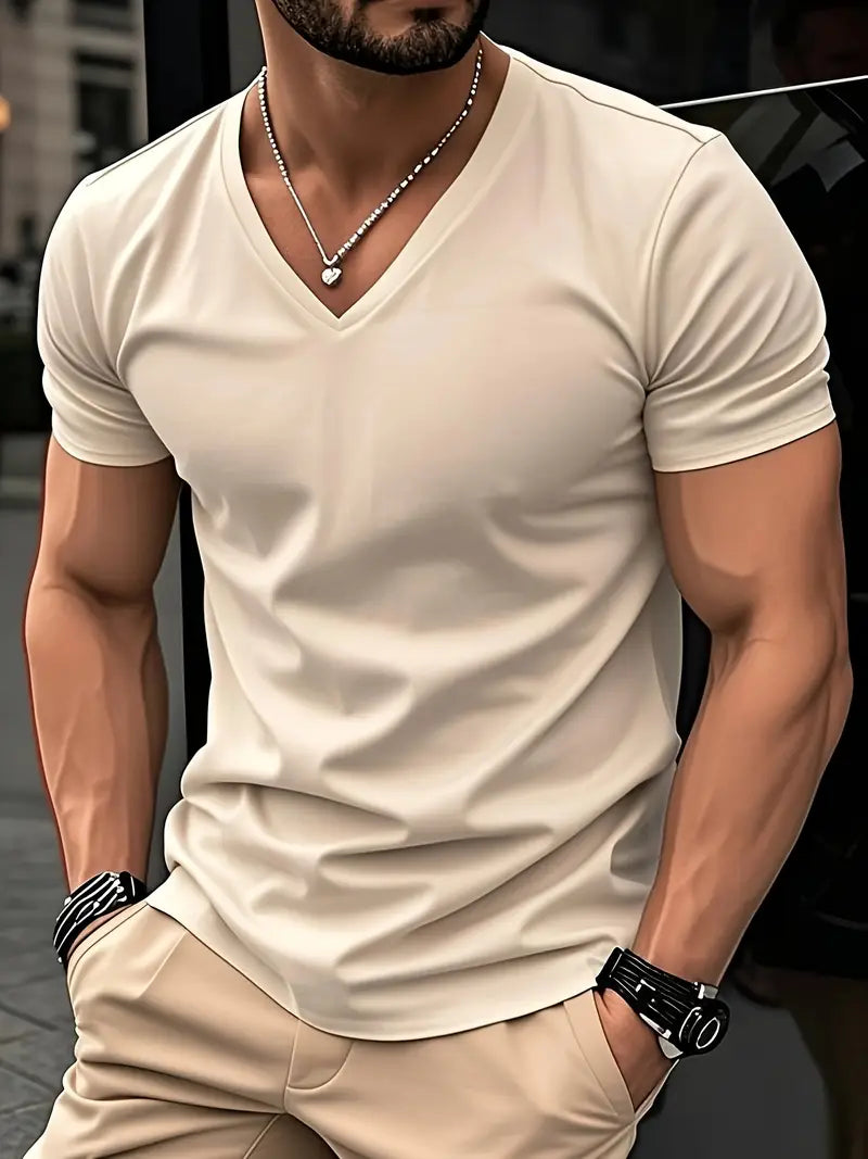 T-shirt à col en V pour homme à coupe près du corps, disponible en plusieurs coloris