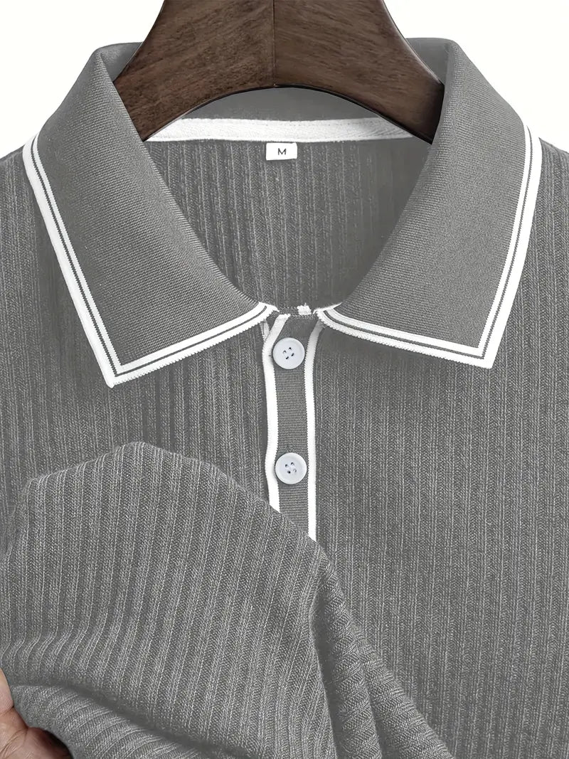 Polo côtelé pour homme à col contrasté blanc et fermeture à trois boutons