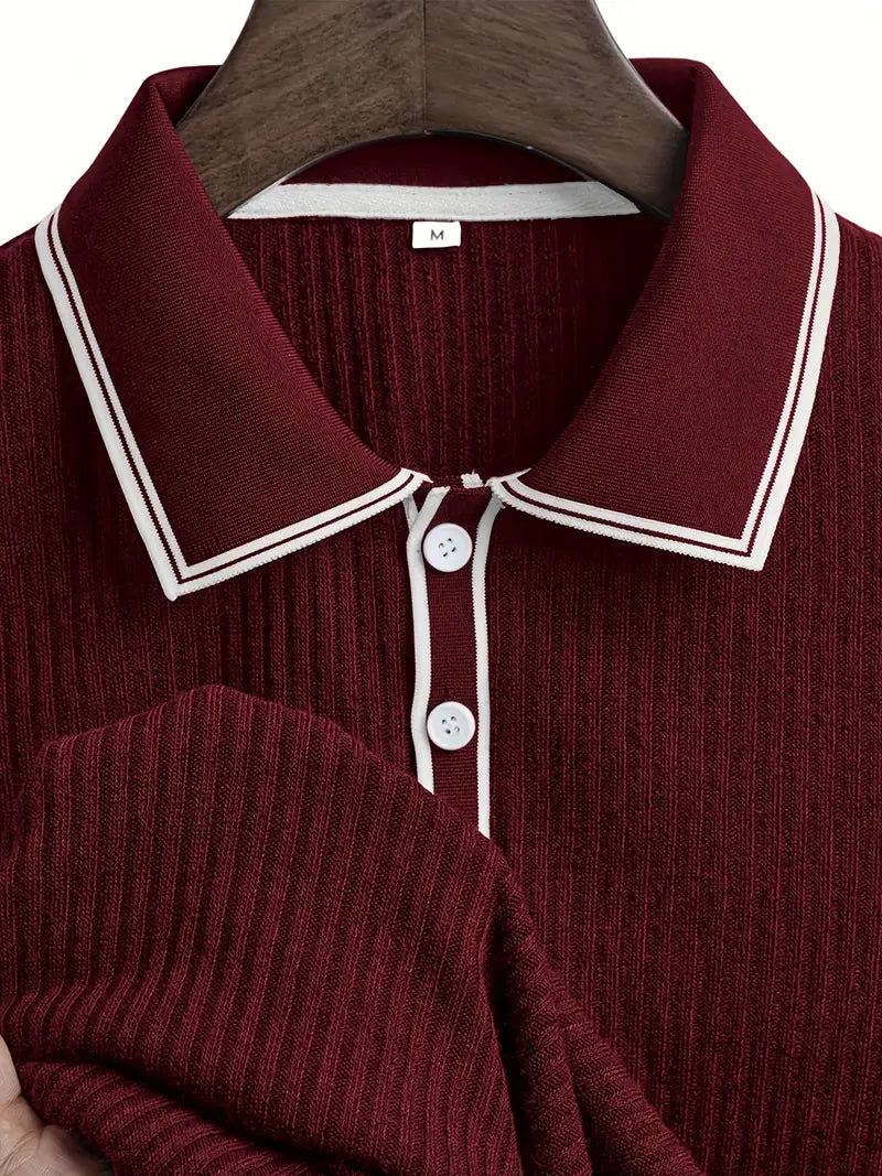 Polo côtelé pour homme à col contrasté blanc et fermeture à trois boutons
