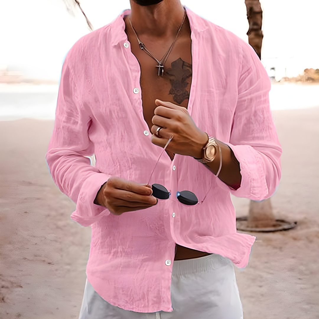 Chemise d'été en coton naturel à coupe fluide pour homme avec manches retroussables