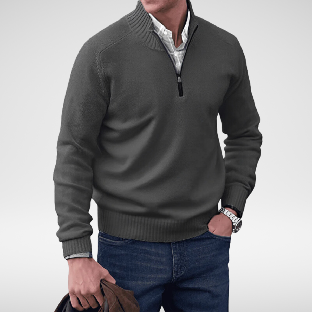 Pull homme à col montant et demi-fermeture éclair en coton, coupe ajustée