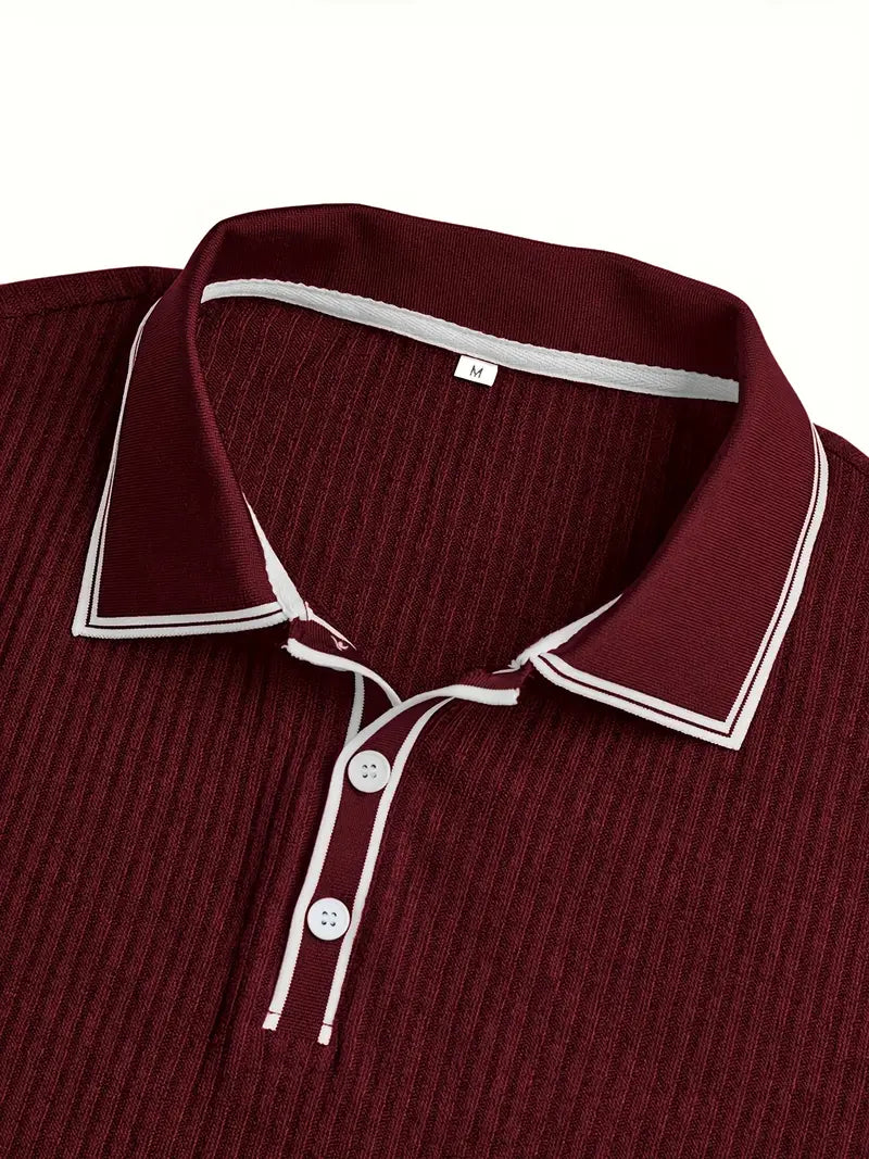 Polo côtelé pour homme à col contrasté blanc et fermeture à trois boutons