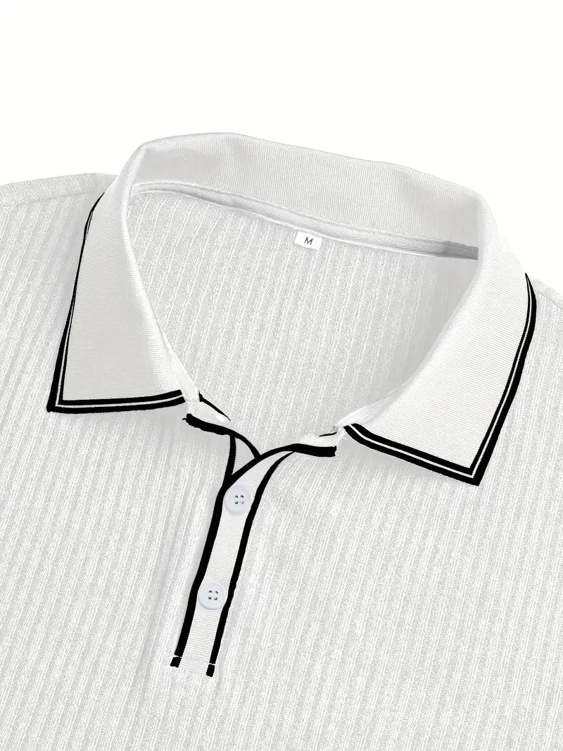 Polo côtelé pour homme à col contrasté blanc et fermeture à trois boutons