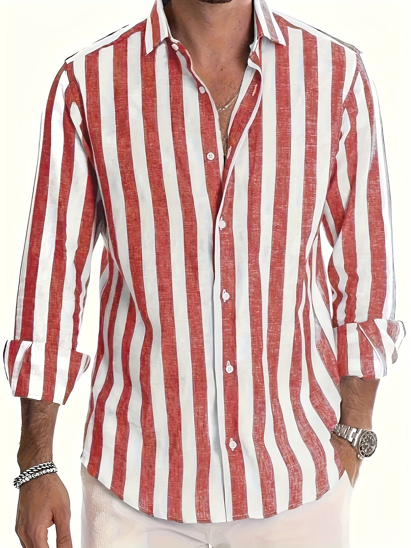 Chemise à rayures pour homme en mélange de lin et coton avec col à revers structuré