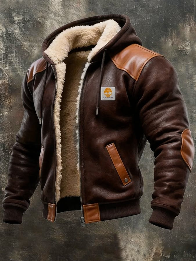 Veste vintage pour homme en daim et cuir avec capuche, coloris marron