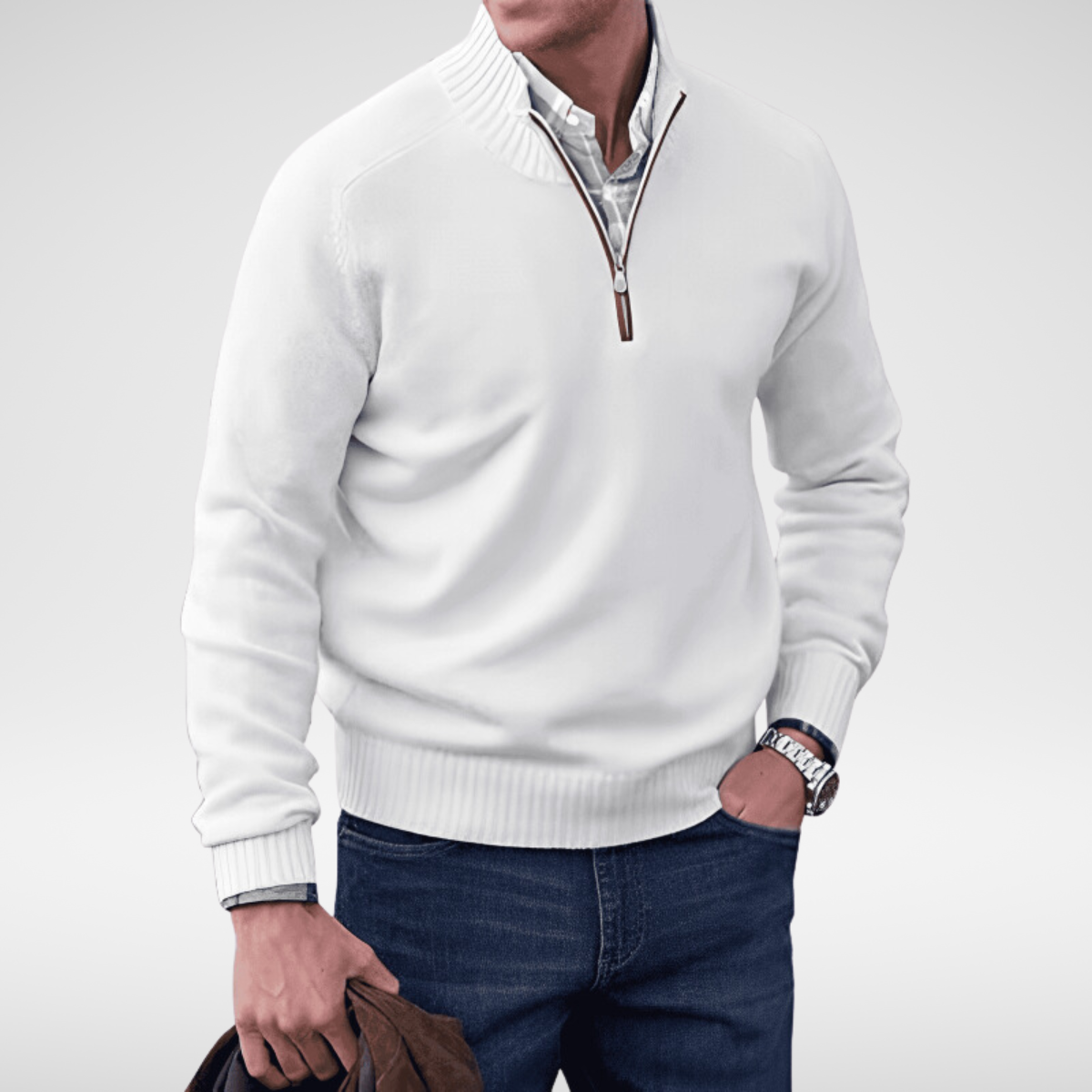 Pull homme à col montant et demi-fermeture éclair en coton, coupe ajustée