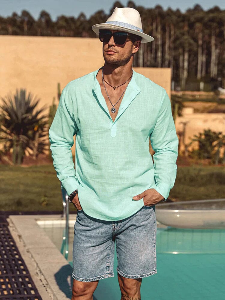 Chemise en coton et chanvre pour homme avec col montant boutonné et manches longues